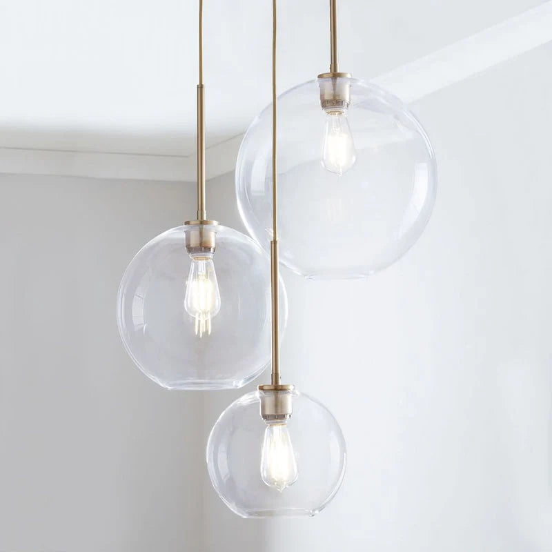 Pendant Light Brass Finish & Clear Glass Globe Adjustable Drop