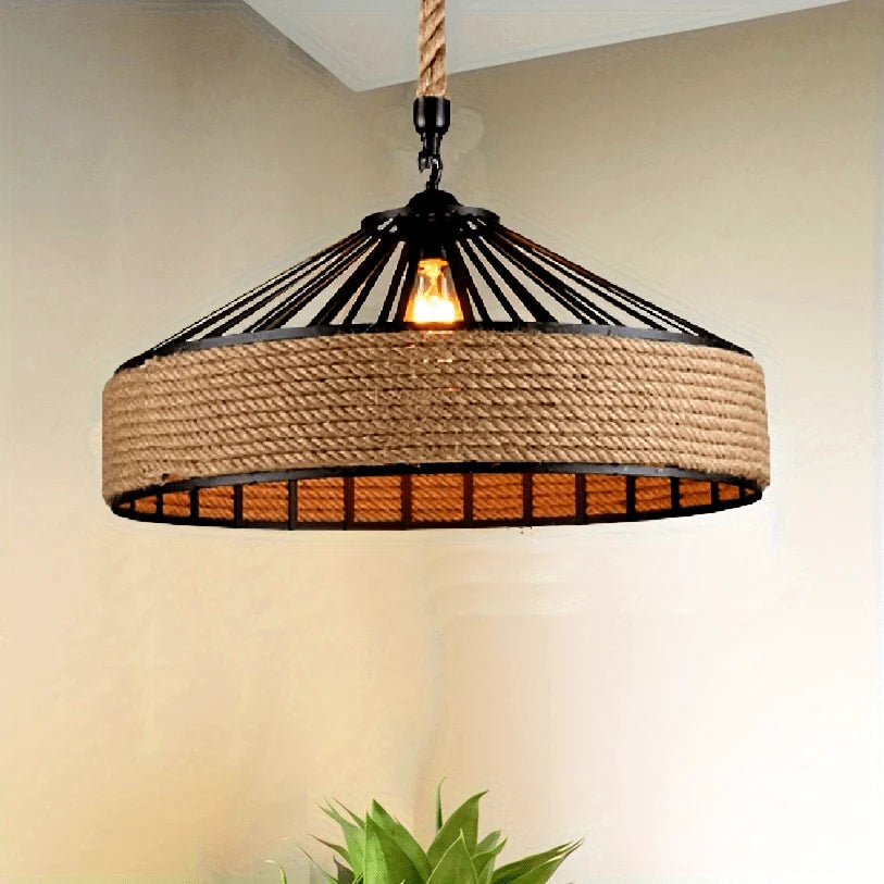 Pendant Light Hemp Rope Shade Metal Frame Adjustable Drop