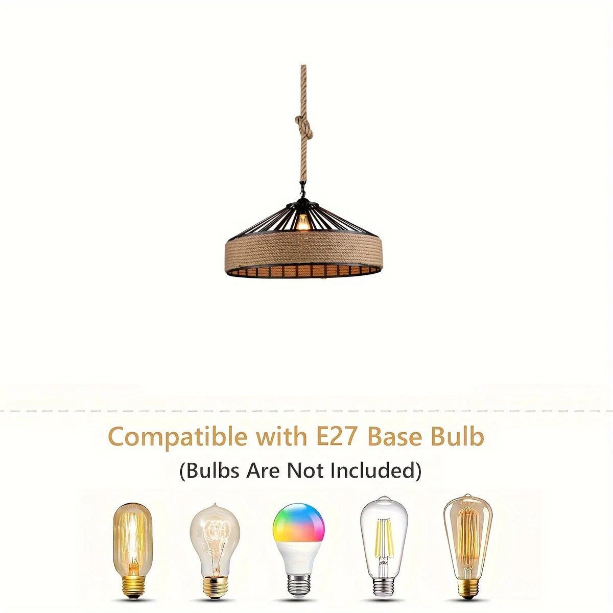 Pendant Light Hemp Rope Shade Metal Frame Adjustable Drop