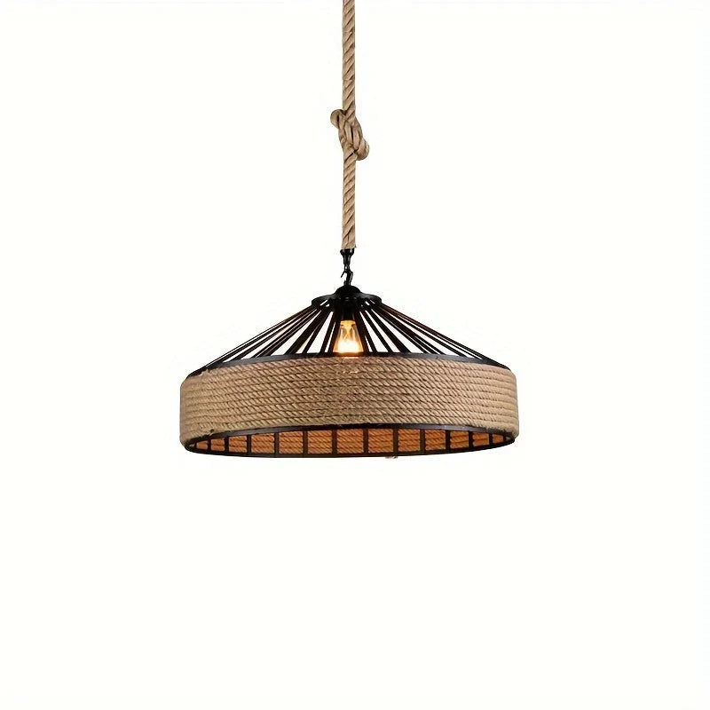 Pendant Light Hemp Rope Shade Metal Frame Adjustable Drop