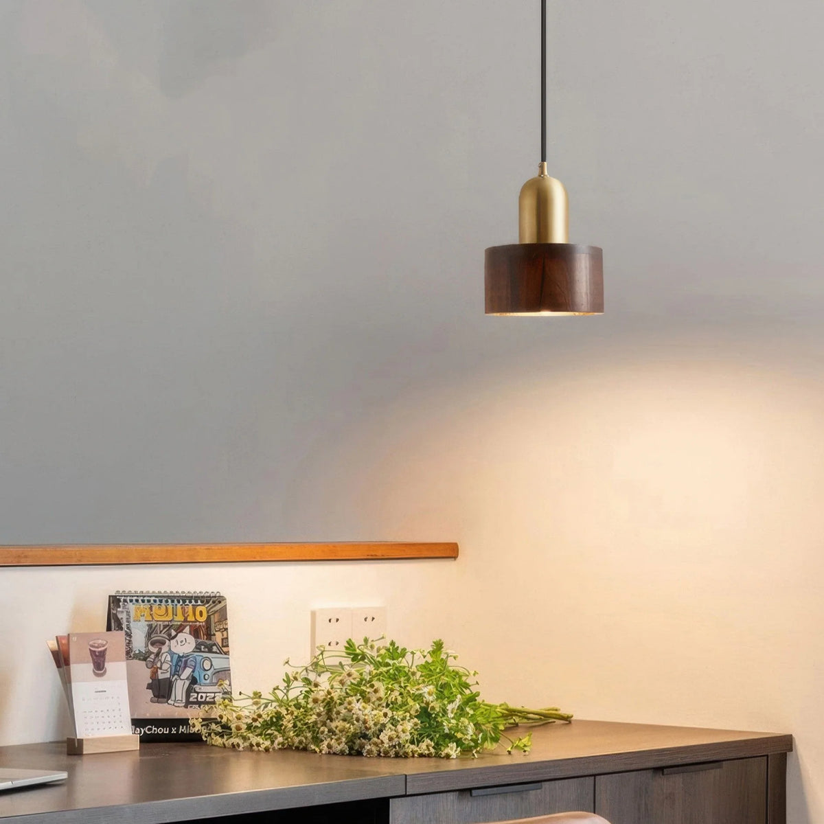 Pendant Light Walnut & Brass Focused Beam Adjustable Drop