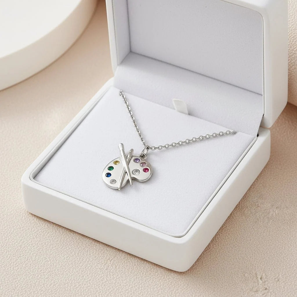 Pendant Necklace Palette-Shaped Colorful Zircon Accents