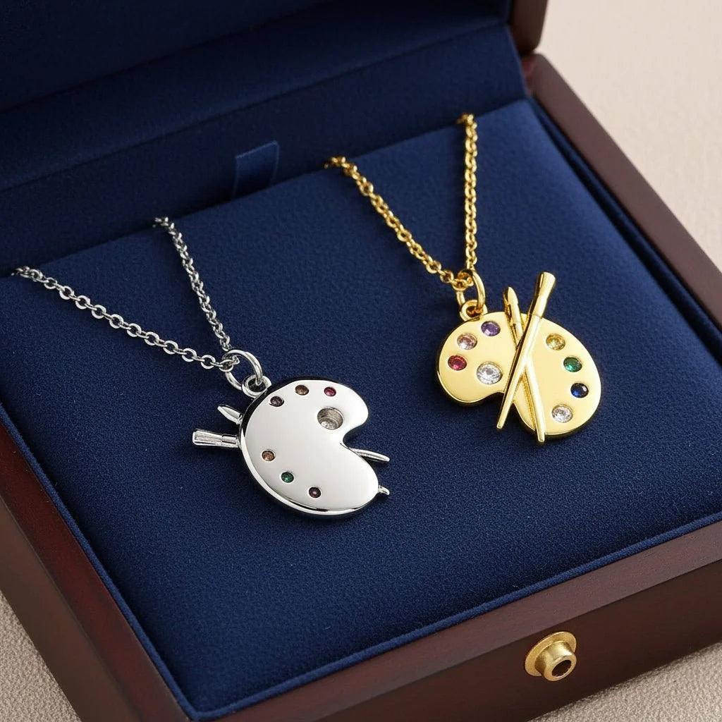 Pendant Necklace Palette-Shaped Colorful Zircon Accents