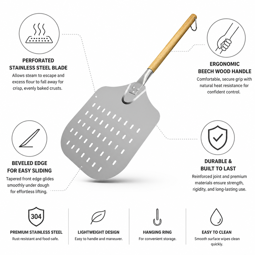 Perforated Stainless Steel & Beech Wood Handle Pizza Peel
