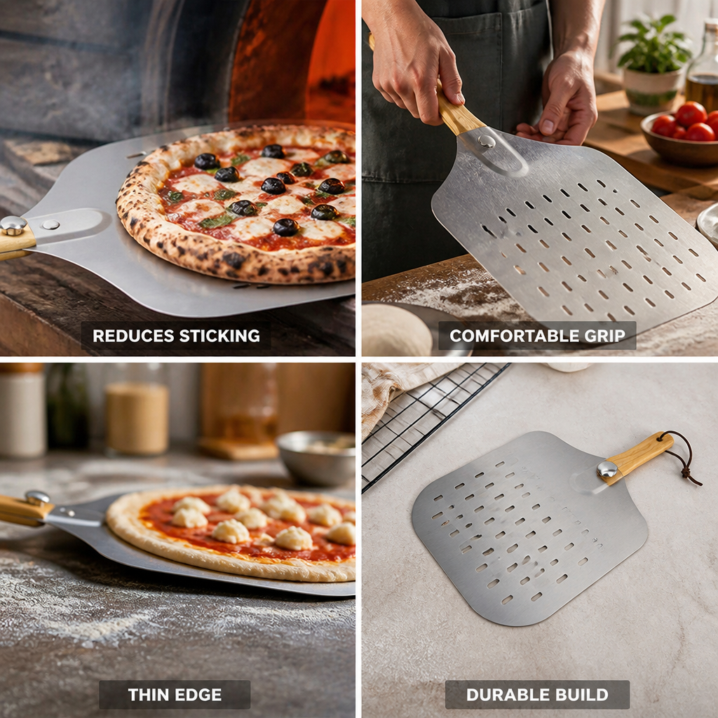 Perforated Stainless Steel & Ergonomic Wooden Handle Pizza Peel (12-Inch)