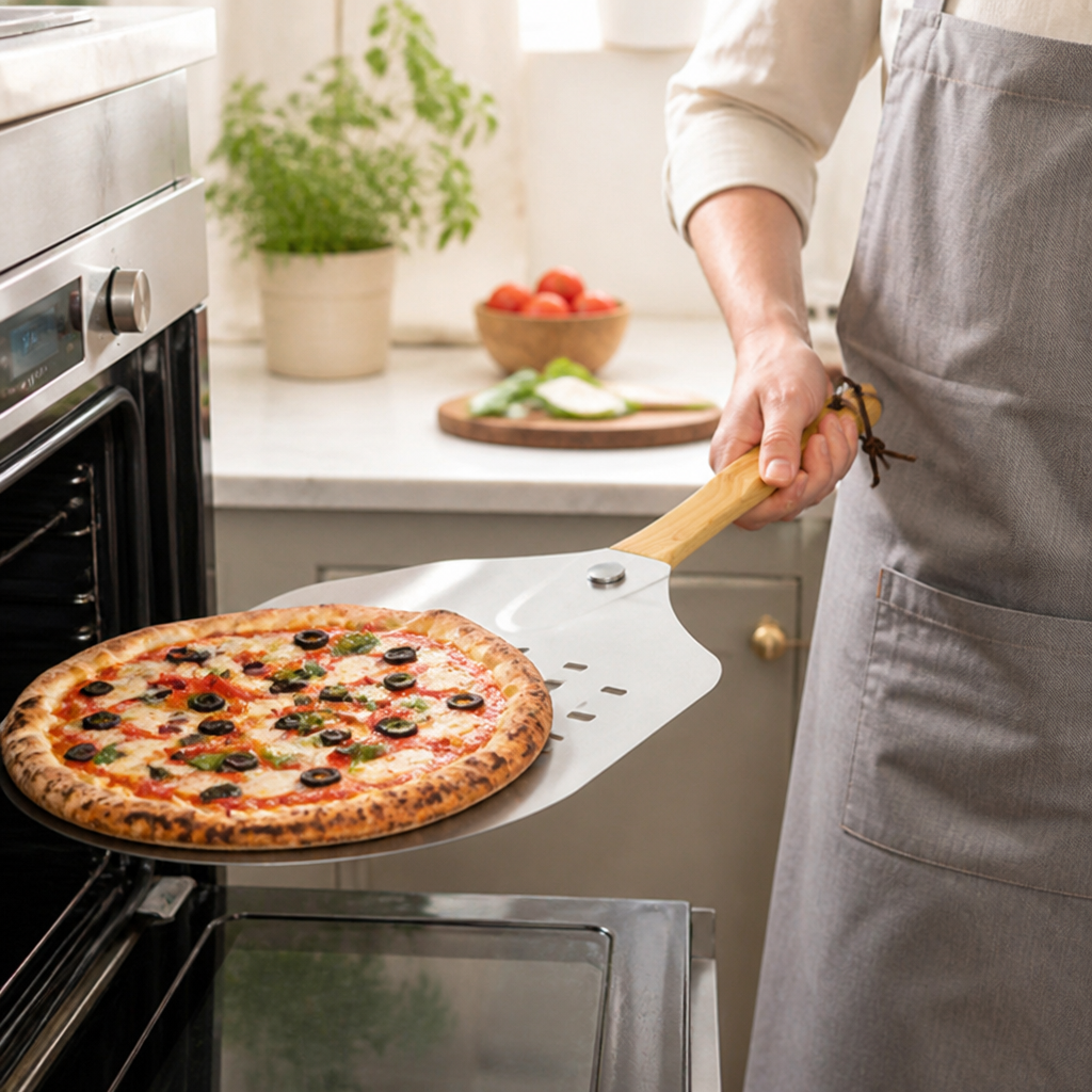 Perforated Stainless Steel & Ergonomic Wooden Handle Pizza Peel (12-Inch)