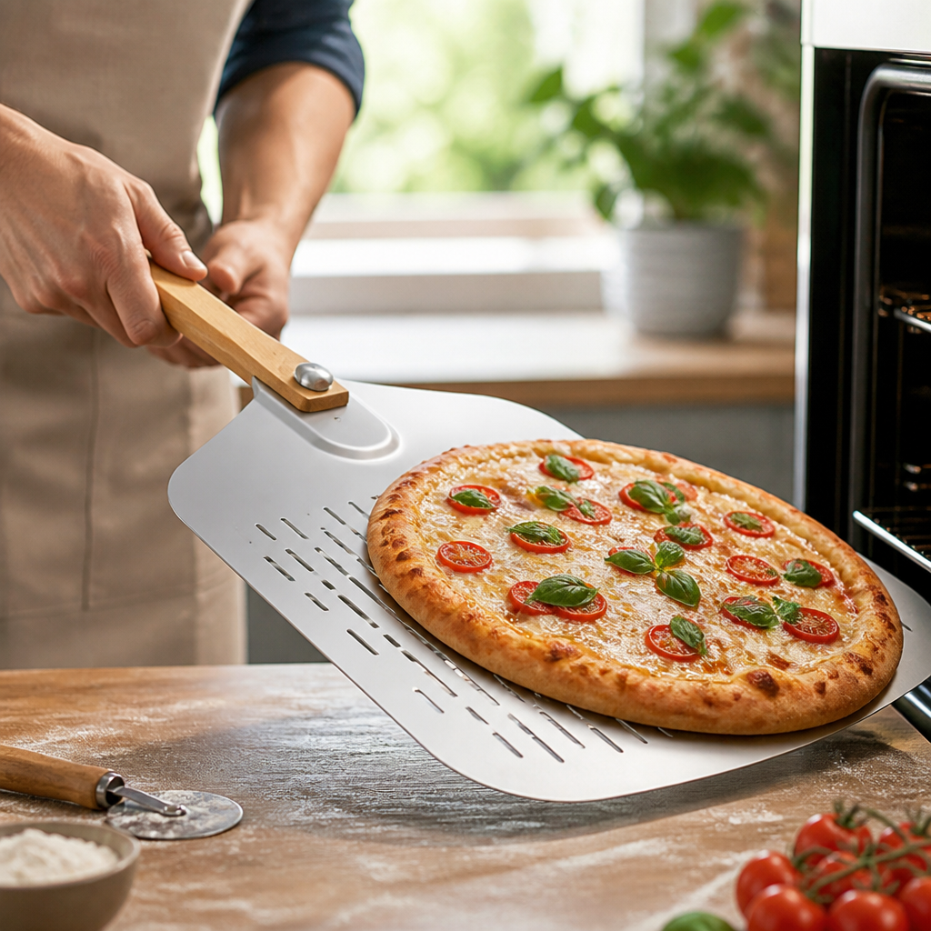 Perforated Stainless Steel & Ergonomic Wooden-Handled Pizza Peel