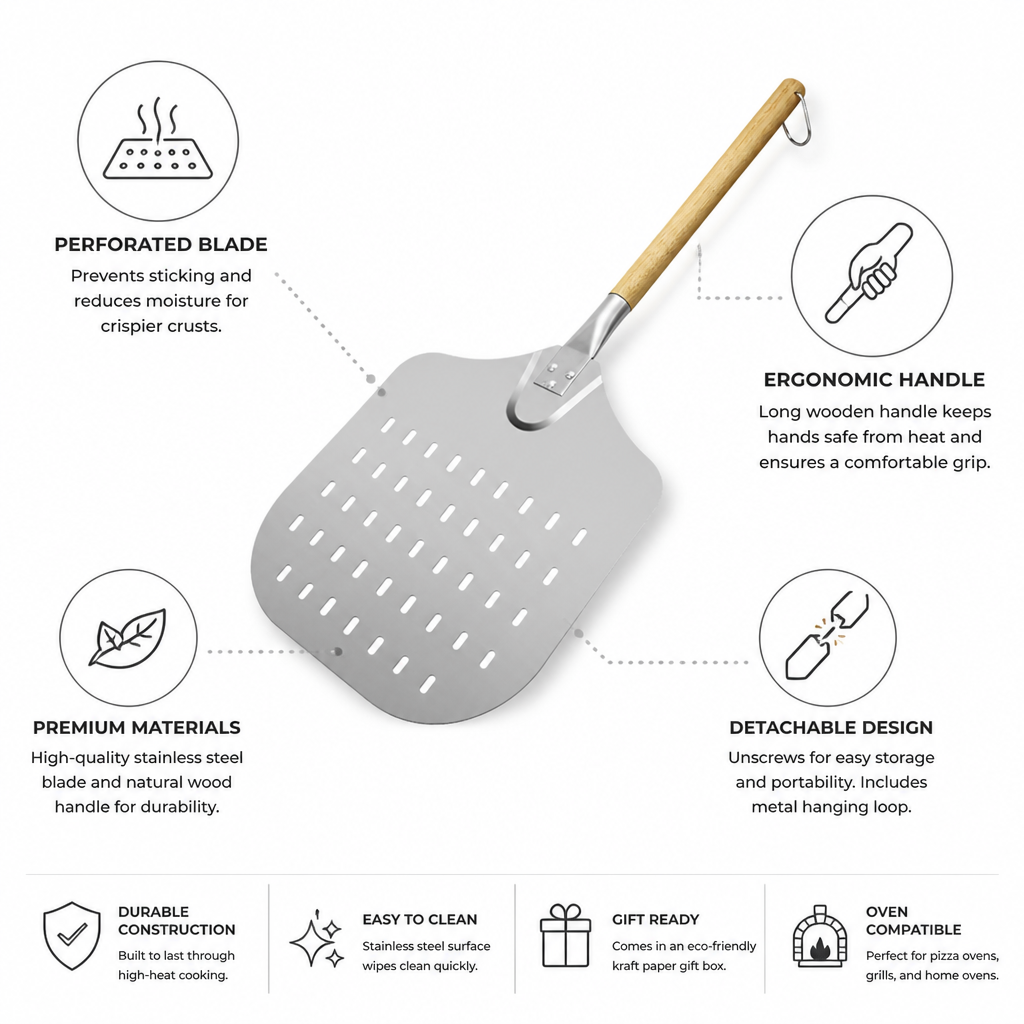 Perforated Stainless Steel Pizza Peel (Detachable Wooden Handle)