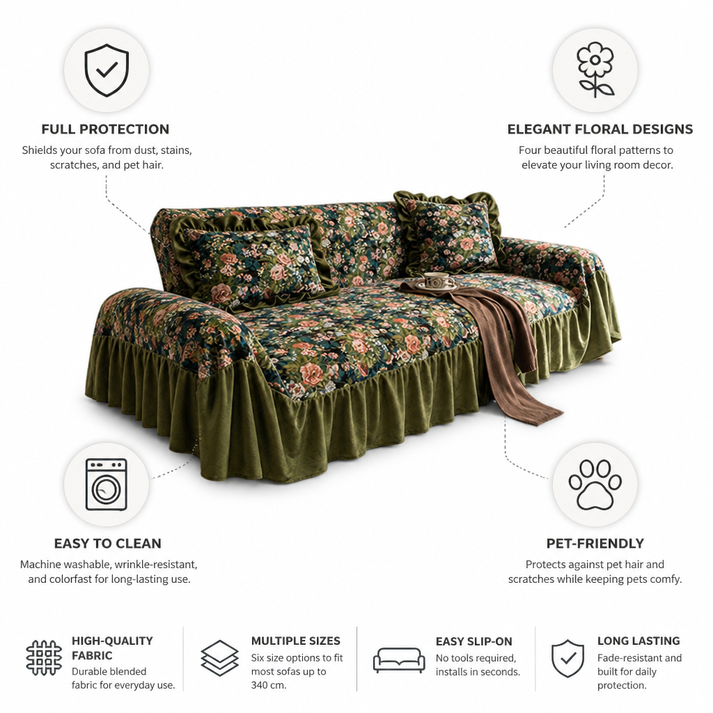 Pet-Friendly Machine-Washable Floral Sofa Cover (Fits Up To 340 Cm)