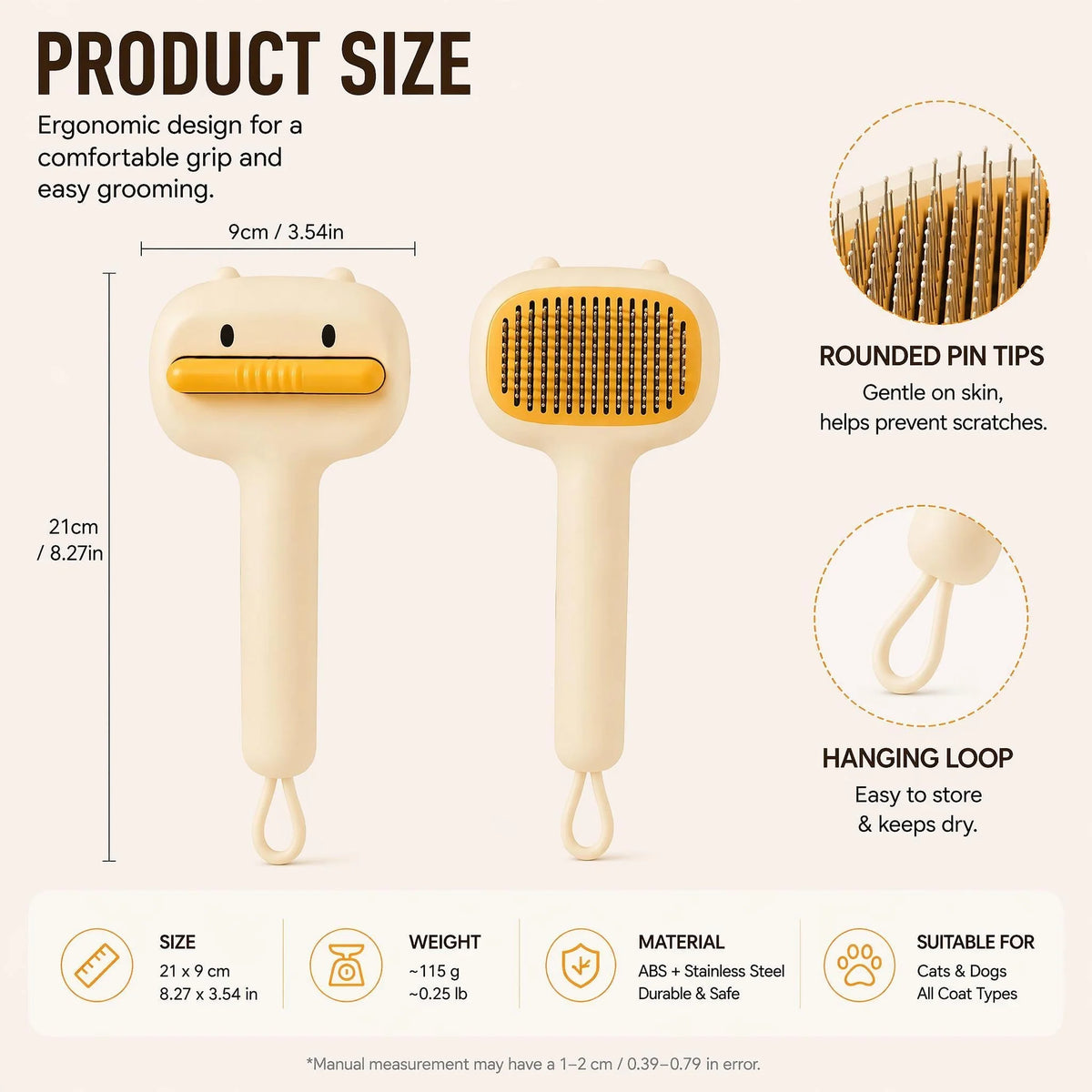 Pet Slicker Brush Self-Cleaning Rounded Pin Tips