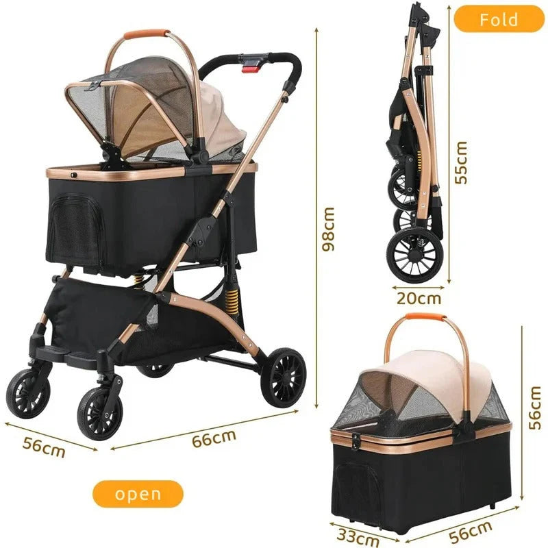 Pet Stroller Foldable Detachable Carrier Spring Suspension & Rear Brake