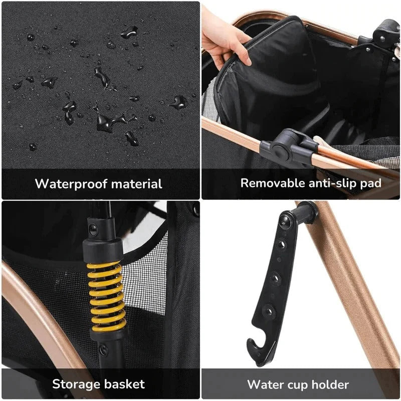 Pet Stroller Foldable Detachable Carrier Spring Suspension & Rear Brake