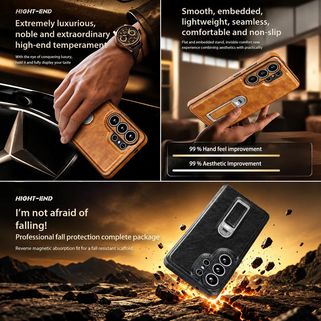 Phone Case Genuine Leather Magnetic Grip Adjustable Stand