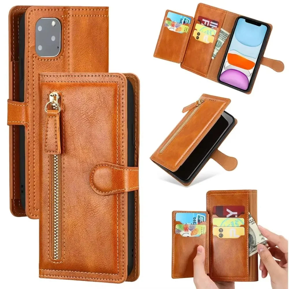 Phone Wallet Case Zipper Closure Card Slots Built-In Stand