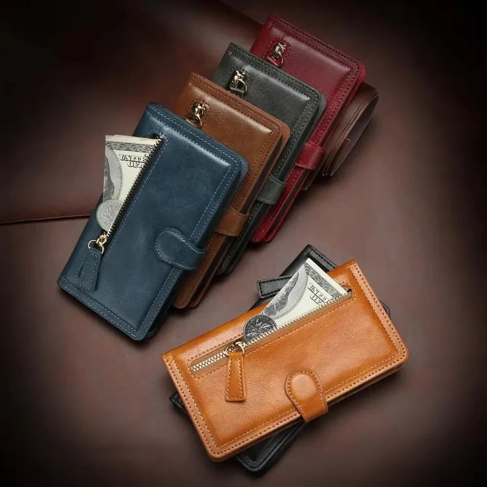 Phone Wallet Case Zipper Closure Card Slots Built-In Stand