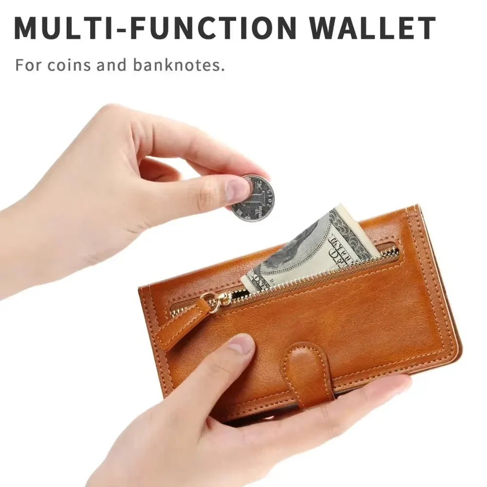 Phone Wallet Case Zipper Closure Card Slots Built-In Stand
