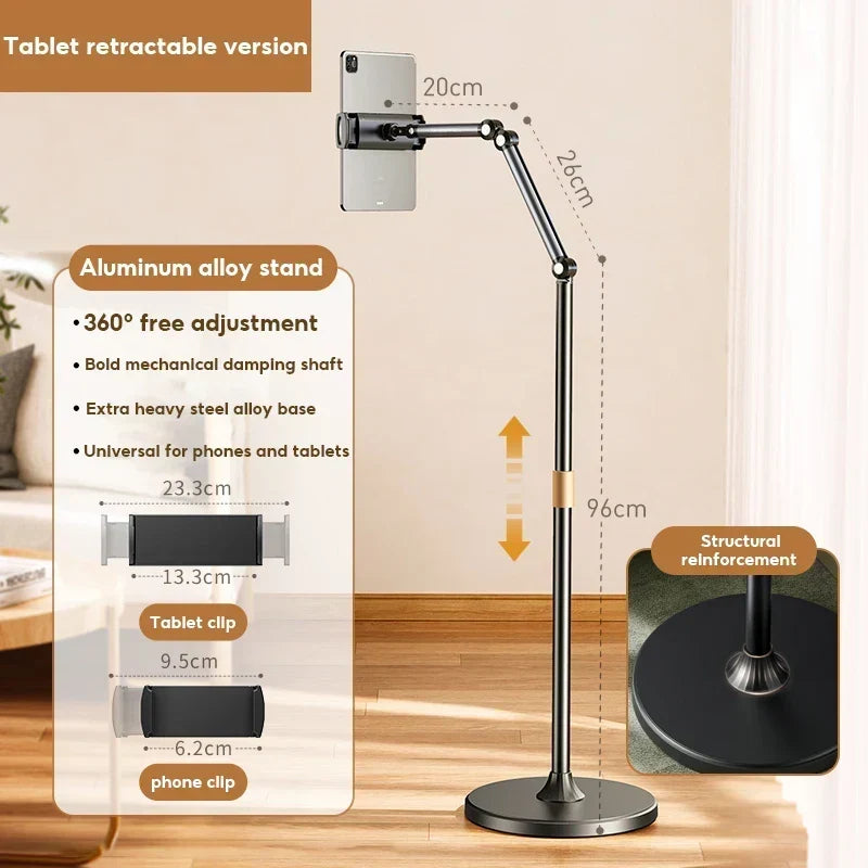 Phone and Tablet Floor Stand Aluminum Alloy Telescopic Adjustable Height & Angle
