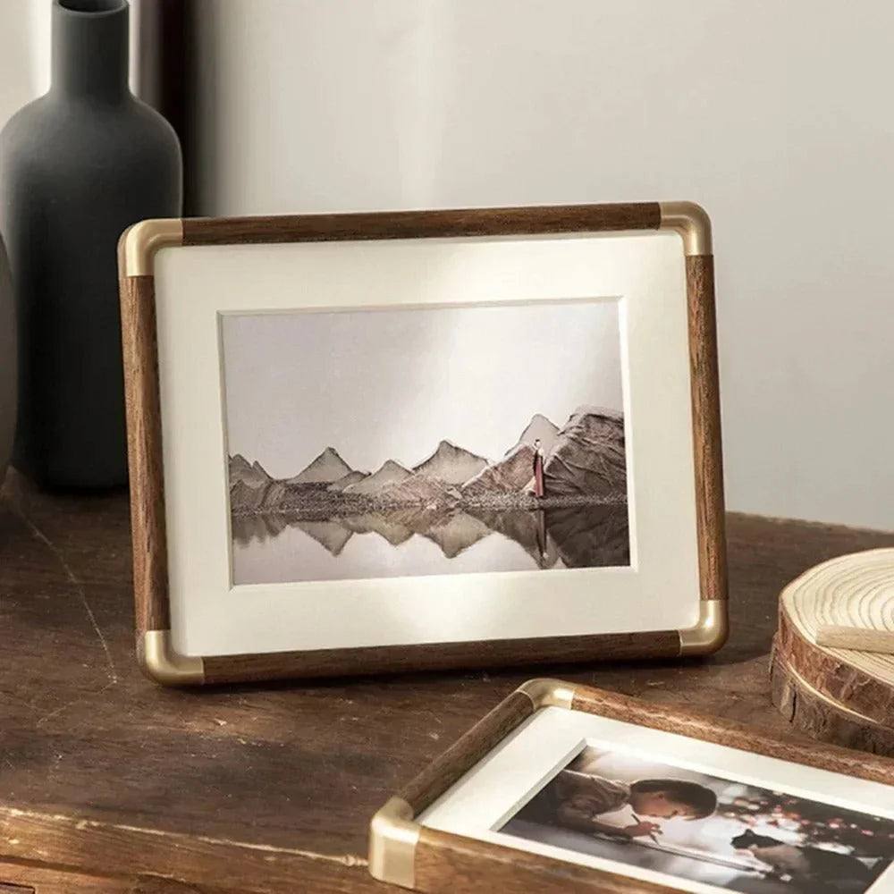 Photo Frame Solid Wood Brass Corners Freestanding Tabletop Display