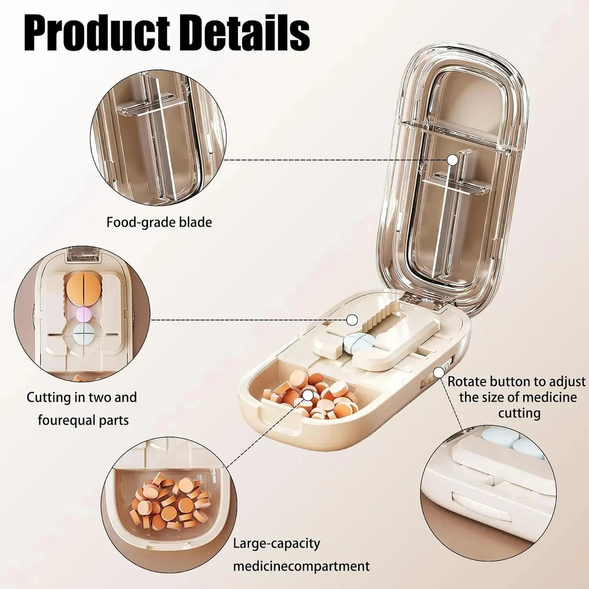 Pill Cutter Adjustable Alignment Stainless Steel Blade with Storage Compartments