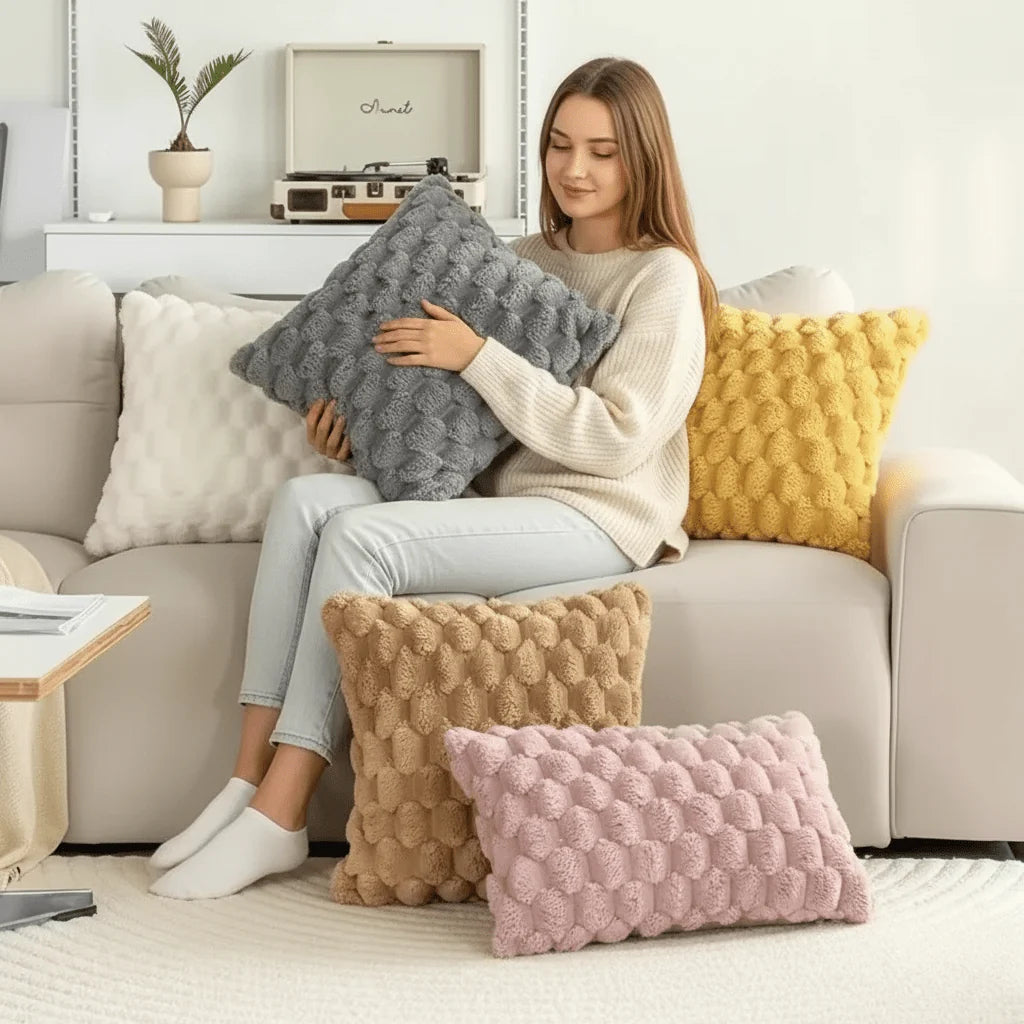 Pillowcase 3D Plush Grid Machine Washable With Concealed Zipper