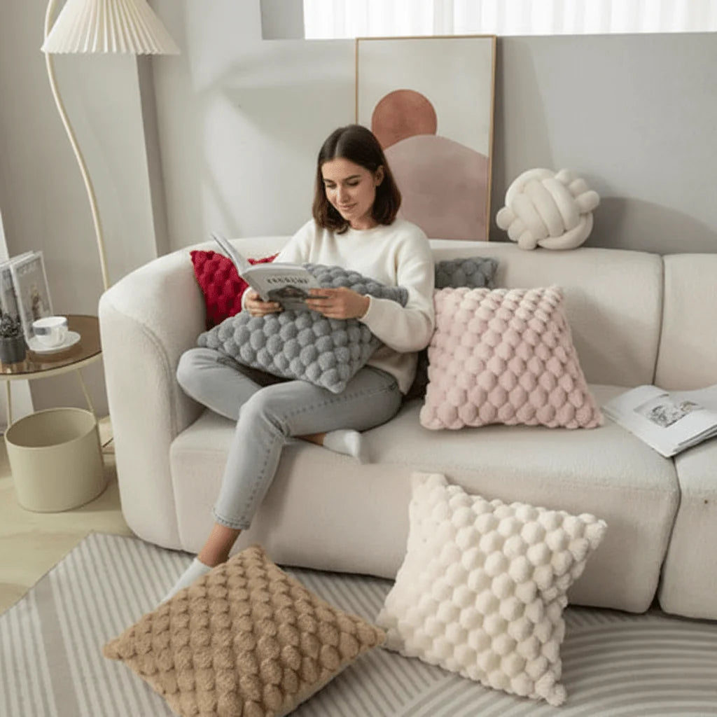 Pillowcase 3D Plush Grid Machine Washable With Concealed Zipper