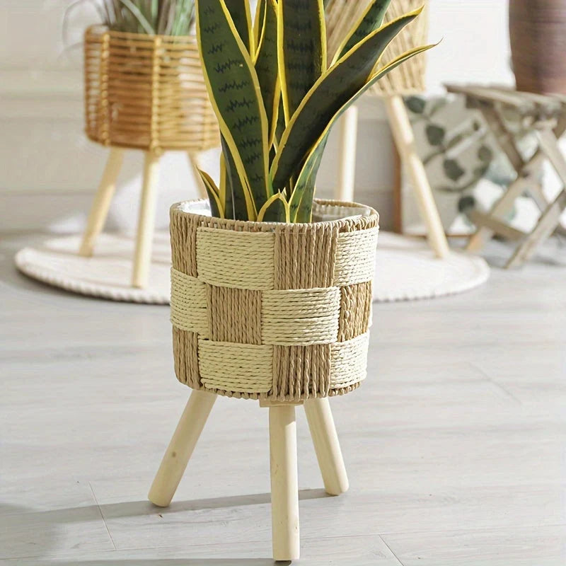 Plant Stand Hand-Woven Rattan Bamboo Frame Splayed Wooden Legs
