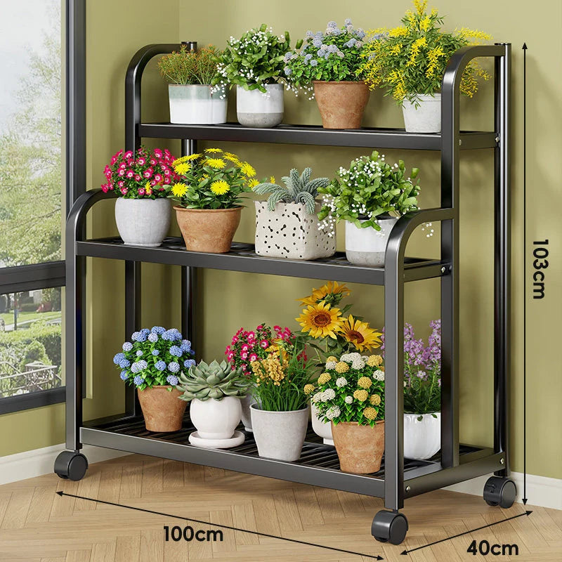 Plant Stand Three-Tier Rolling Metal Shelves