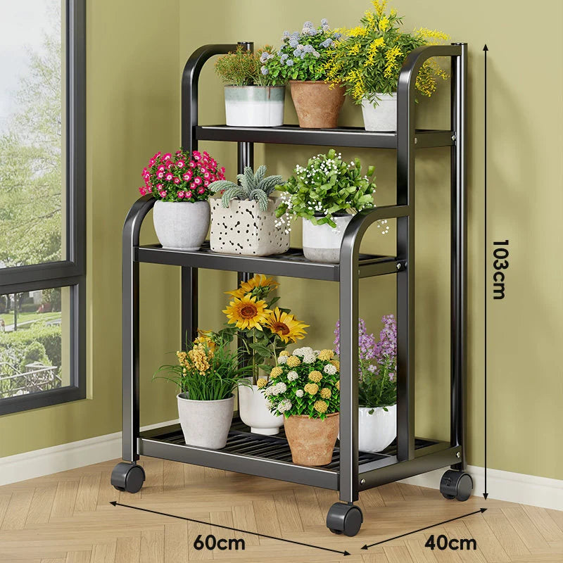 Plant Stand Three-Tier Rolling Metal Shelves