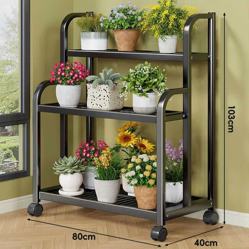 Plant Stand Three-Tier Rolling Metal Shelves