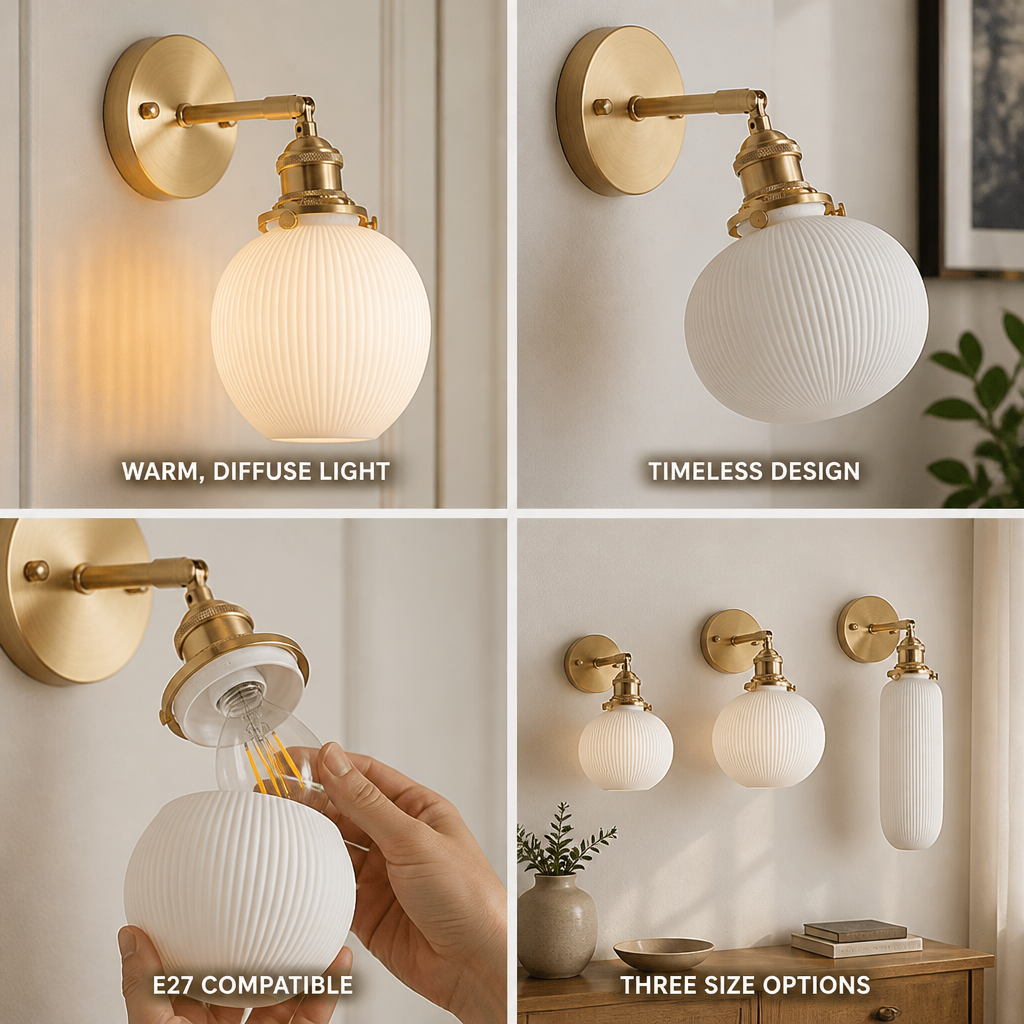 Polished Brass Ribbed Glass Wall Lamp (3 Sizes)