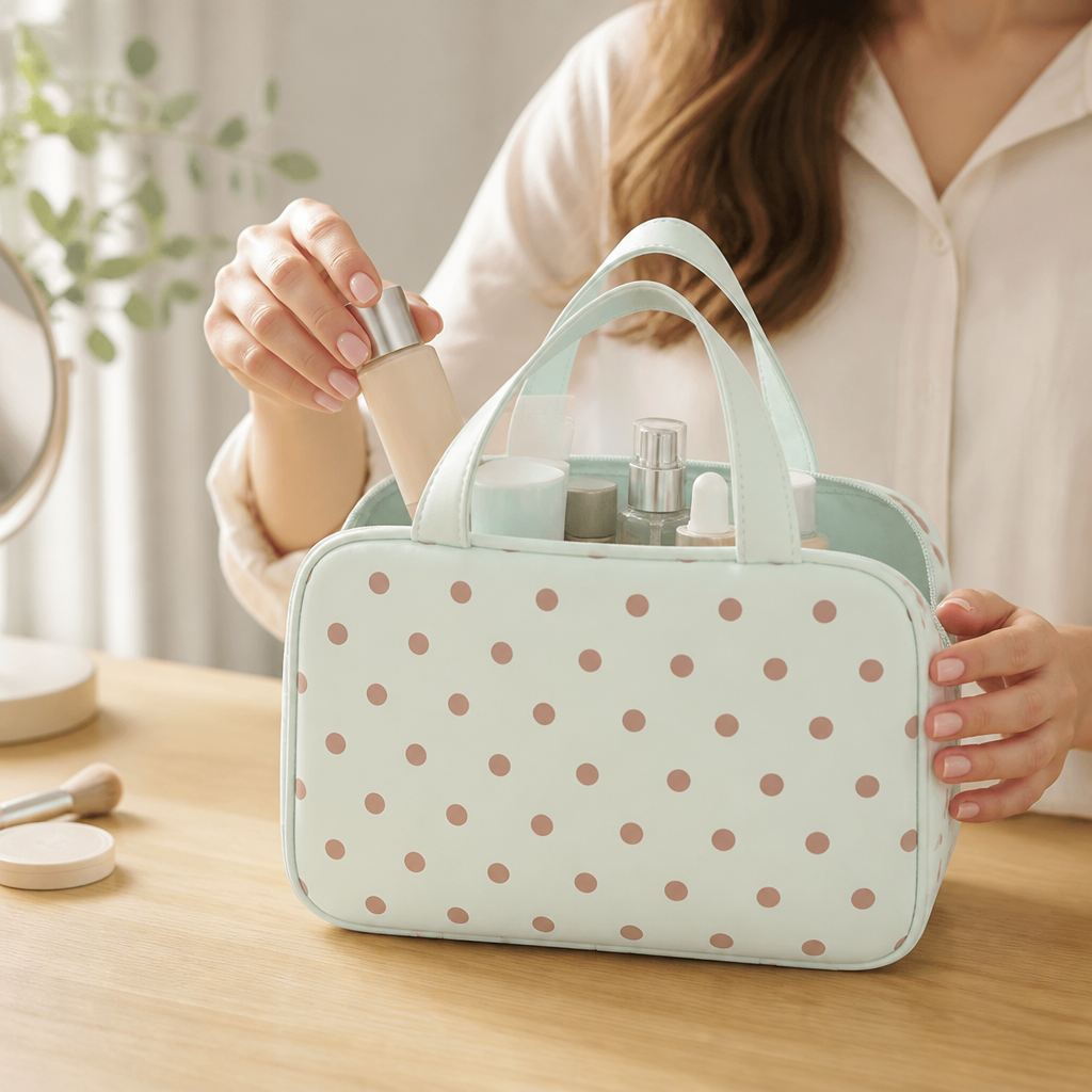 Polka Dot Spacious Easy-Clean Cosmetic Organizer (With Handles)