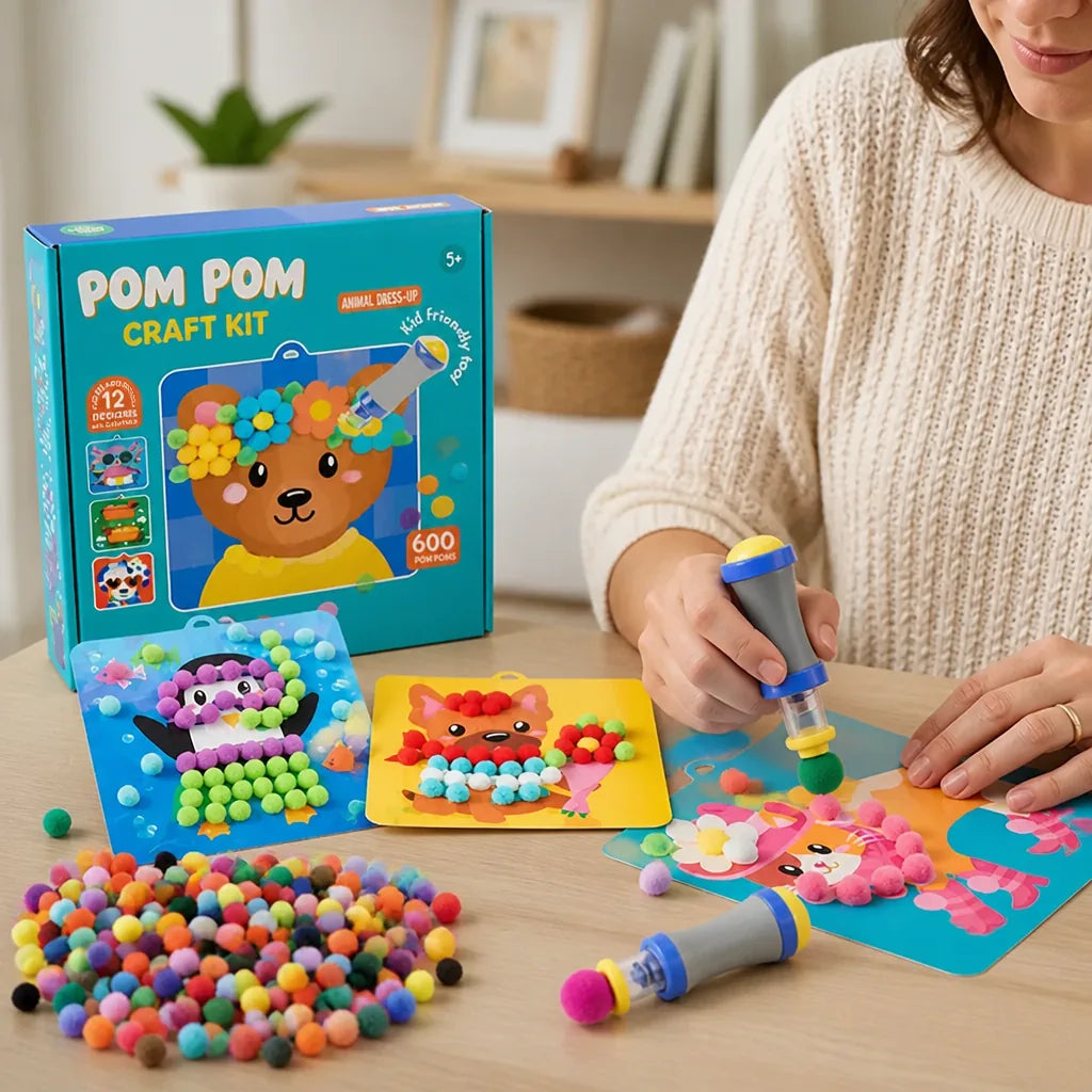 Pom Pom Craft Kit 600 Soft Pompoms No-Glue Tool