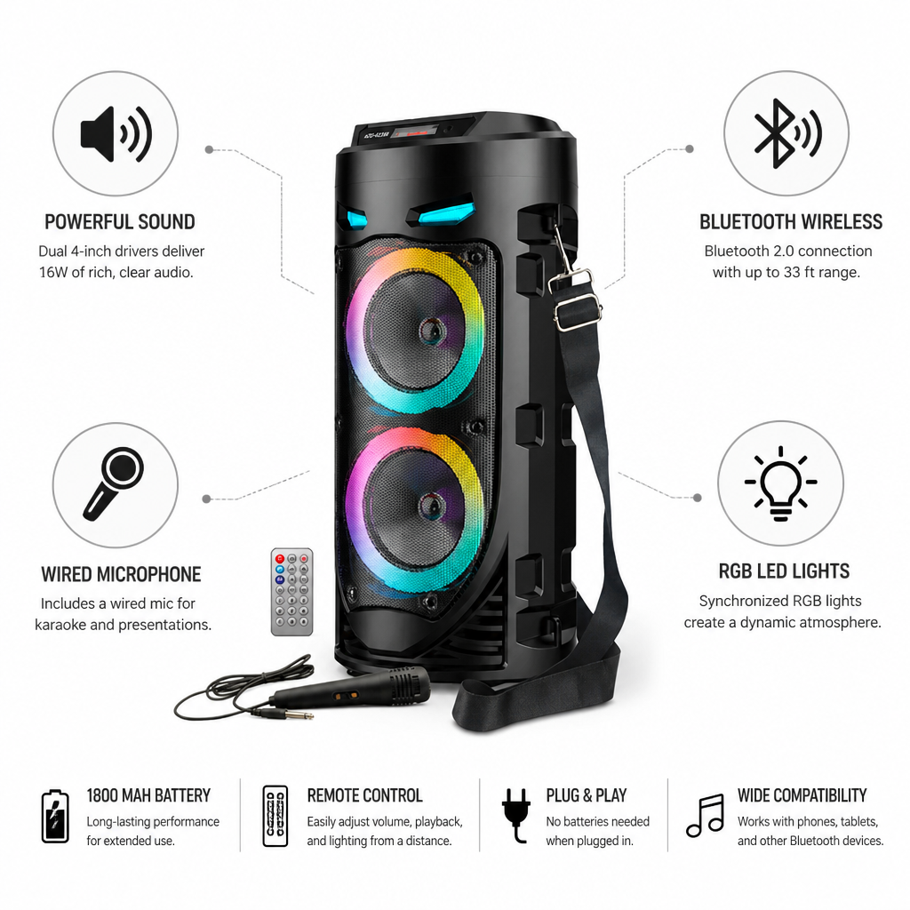 Portable RGB LED Bluetooth Speaker (Wired Mic & Remote)