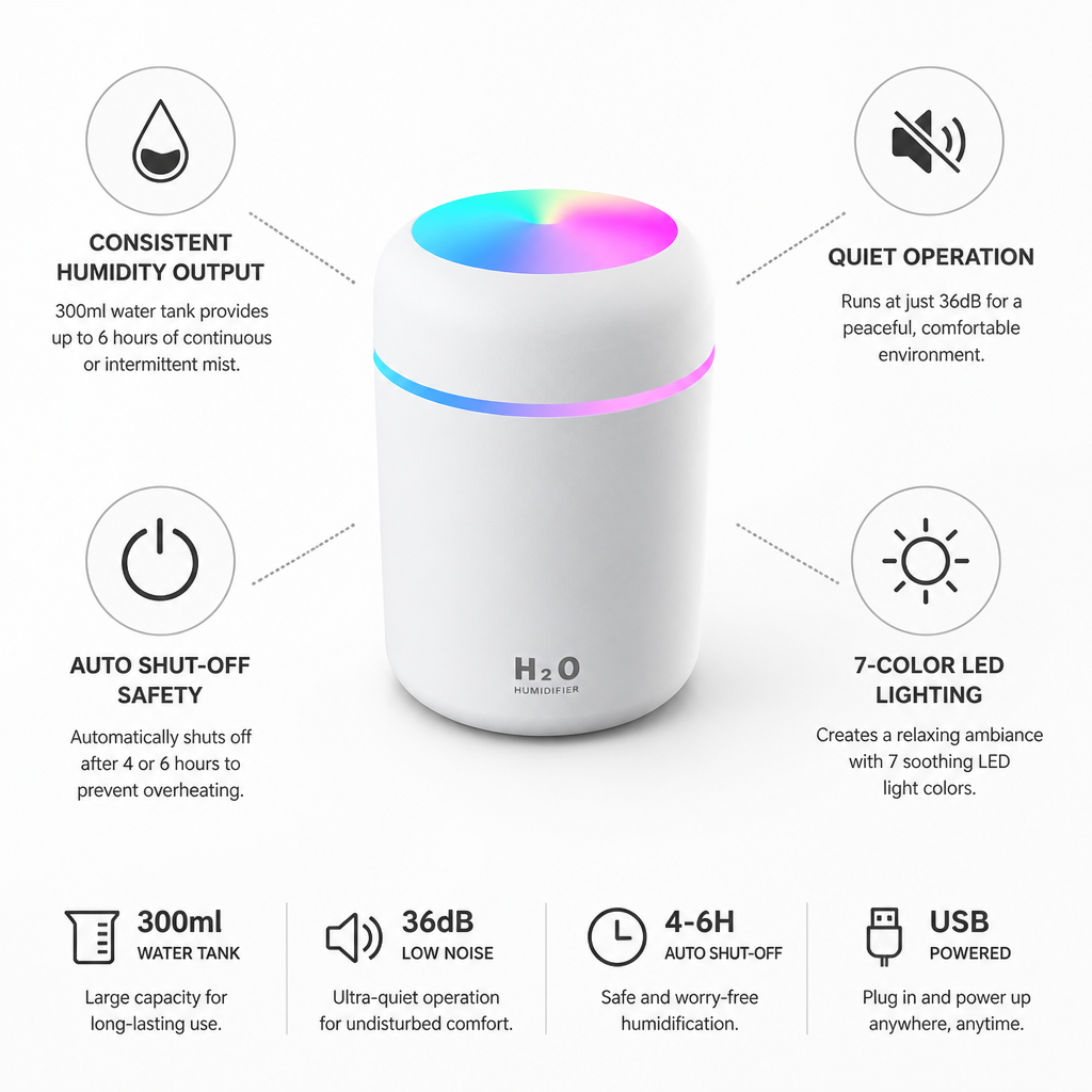 Portable USB Cool-Mist Humidifier (300ml Tank)