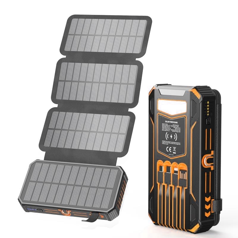 Power Bank Solar Wireless Charging 20000mAh Built-In Cables