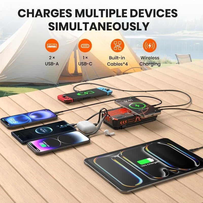 Power Bank Solar Wireless Charging 20000mAh Built-In Cables