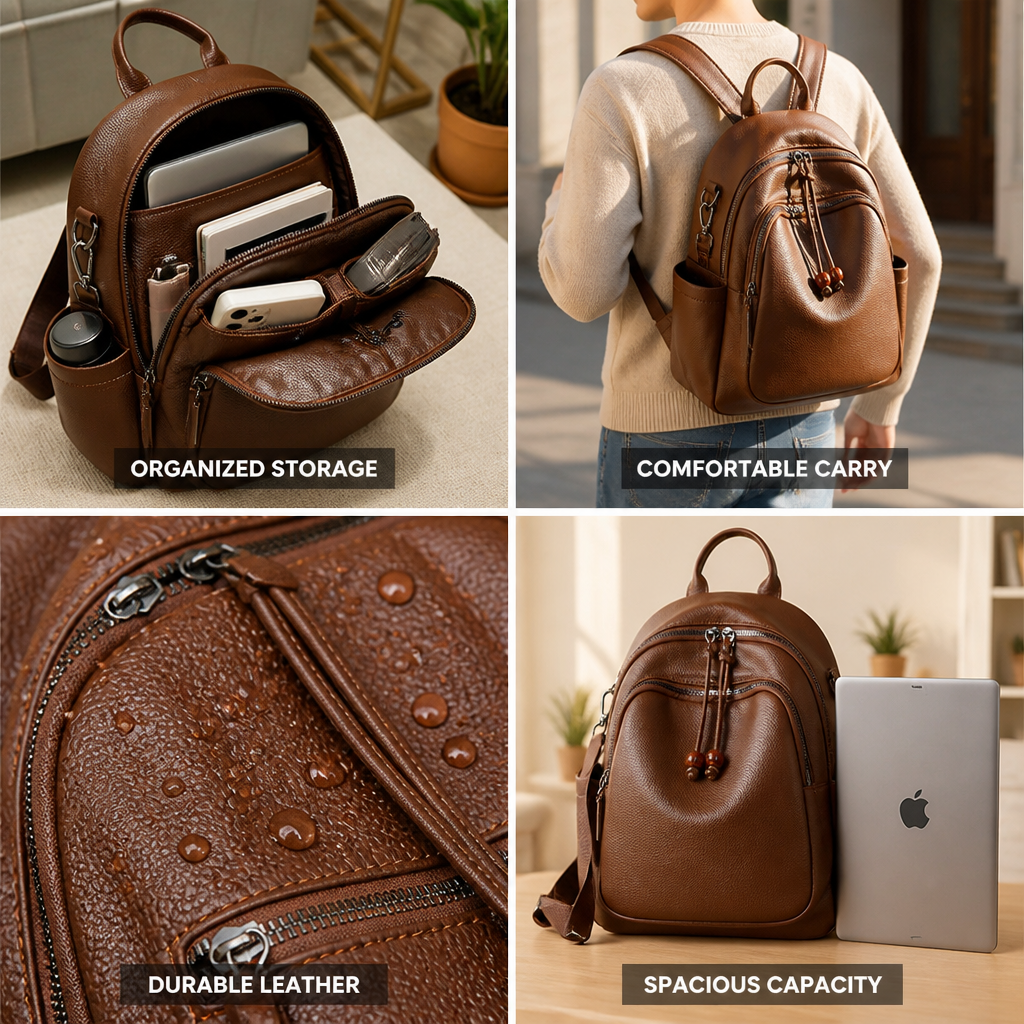 Premium Leather Multi-Pocket Travel Backpack