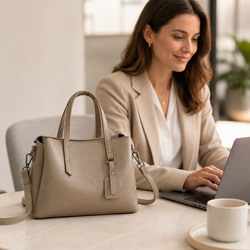 Premium Textured Leather Zippered Tote Bag (Detachable Strap)