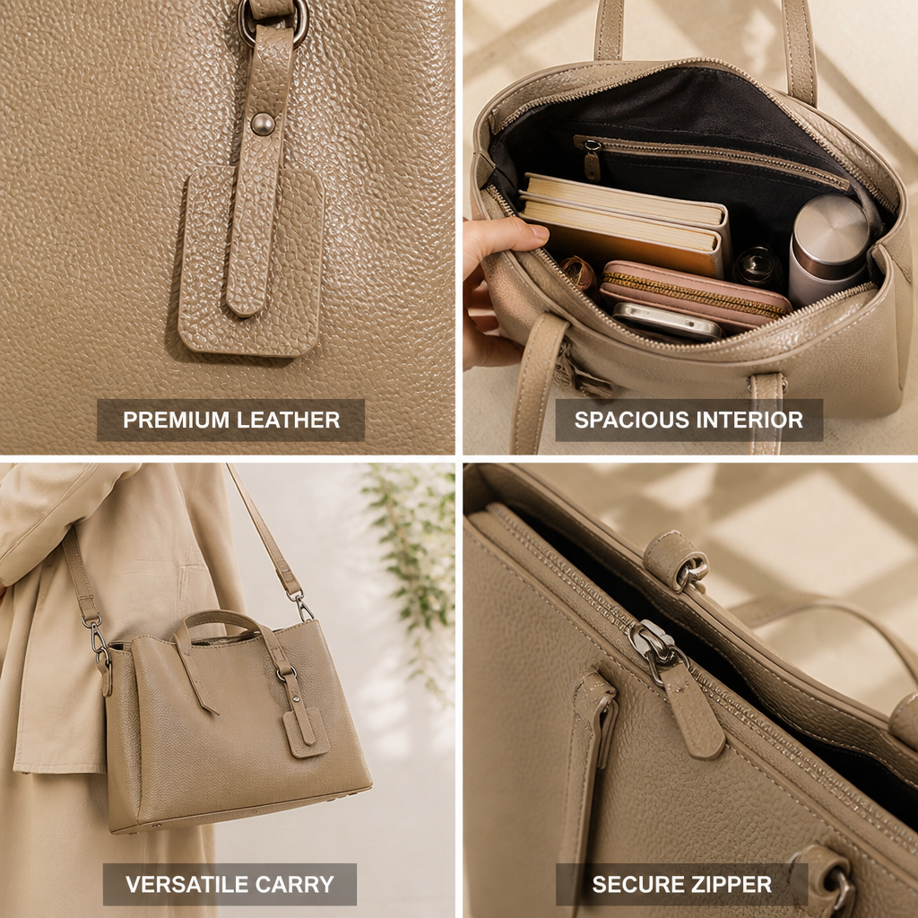 Premium Textured Leather Zippered Tote Bag (Detachable Strap)