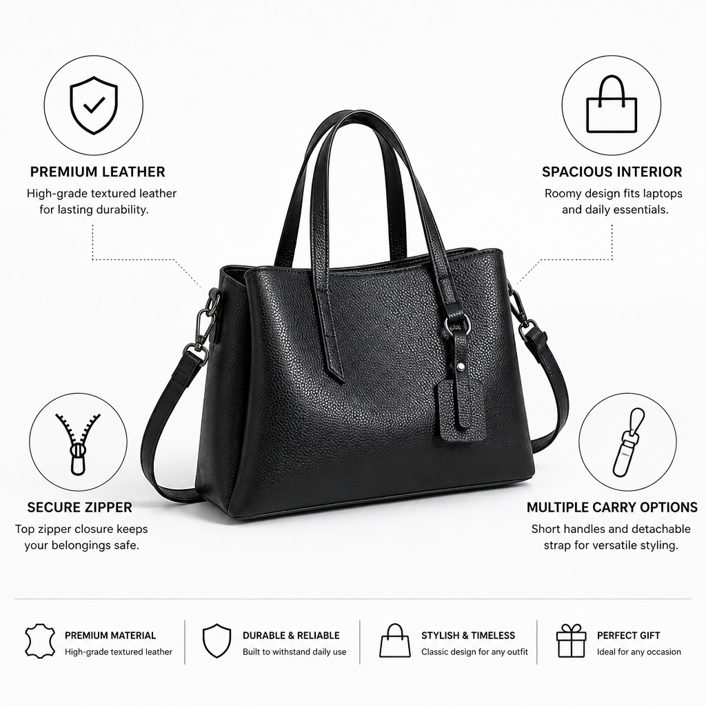 Premium Textured Leather Zippered Tote Bag (Detachable Strap)