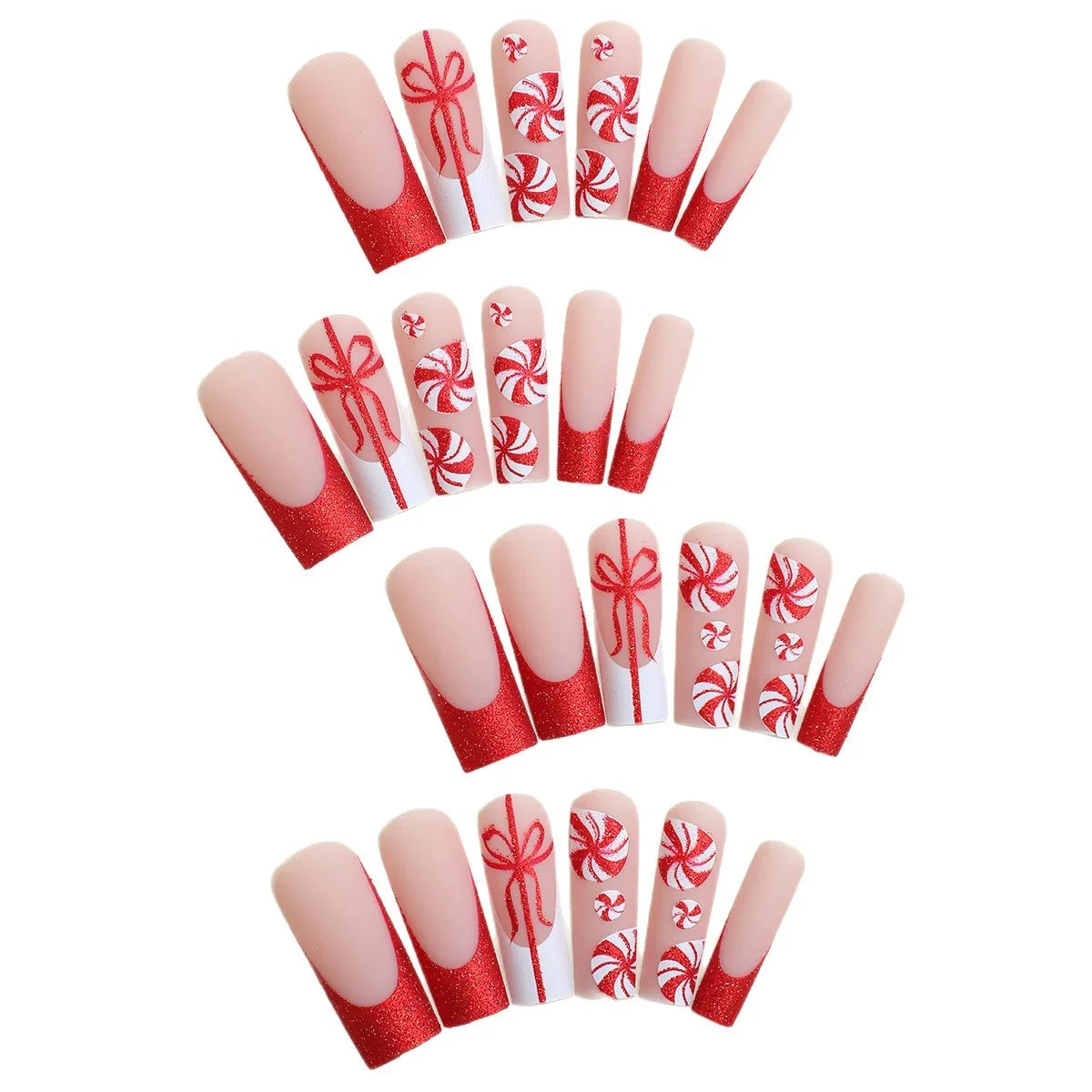 Press-On Nail Set Candy Cane Red Glitter Reusable
