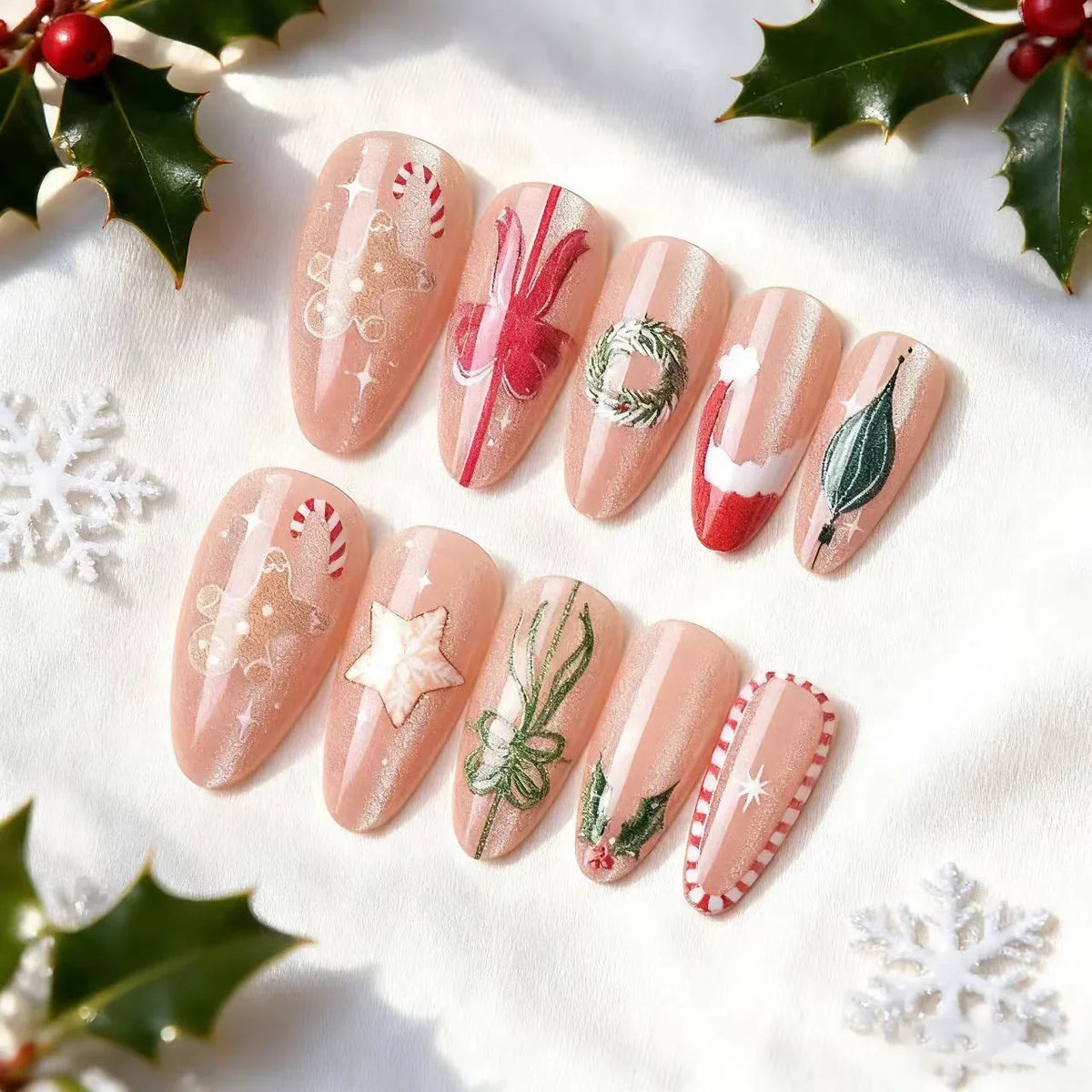 Press-On Nail Set Christmas Designs Glossy Peel-And-Stick