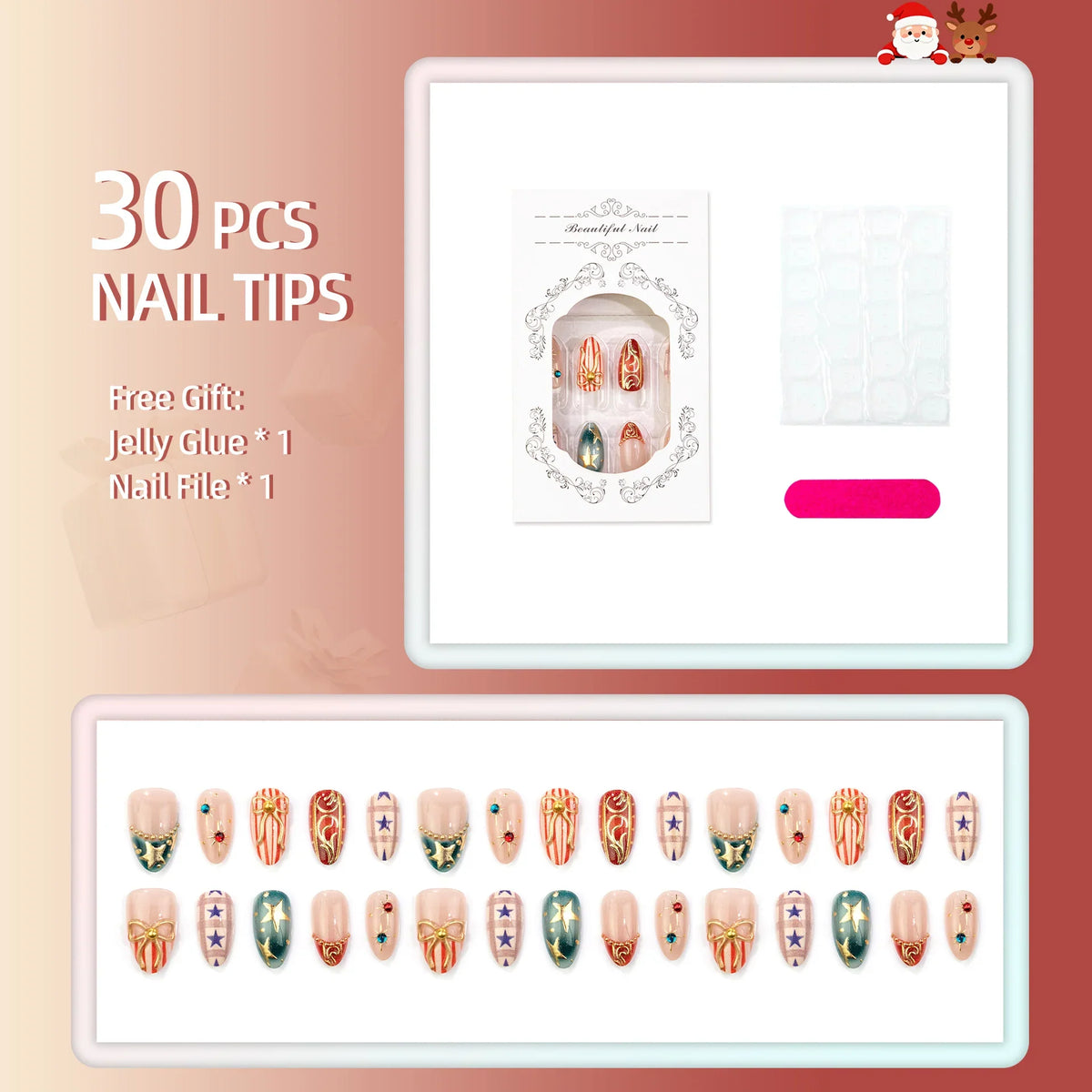 Press-On Nail Set Christmas Designs Reusable & Multiple Sizes