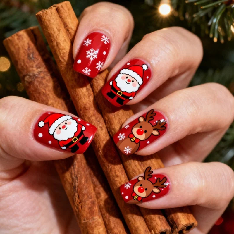 Press-On Nail Set Festive Christmas Designs Adhesive Included