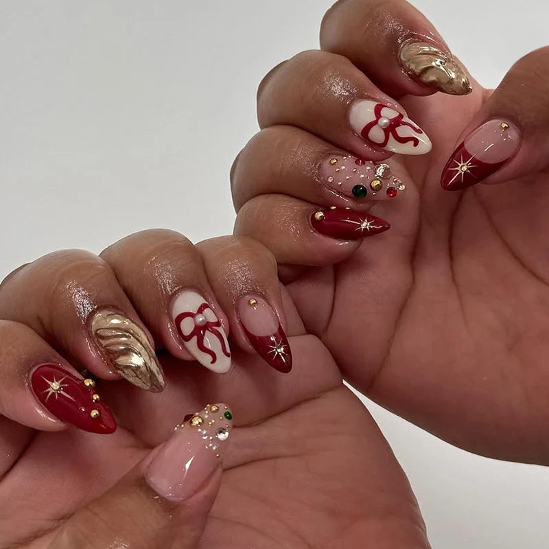 Press-On Nail Set Festive Red Bows & Stars Long-Lasting
