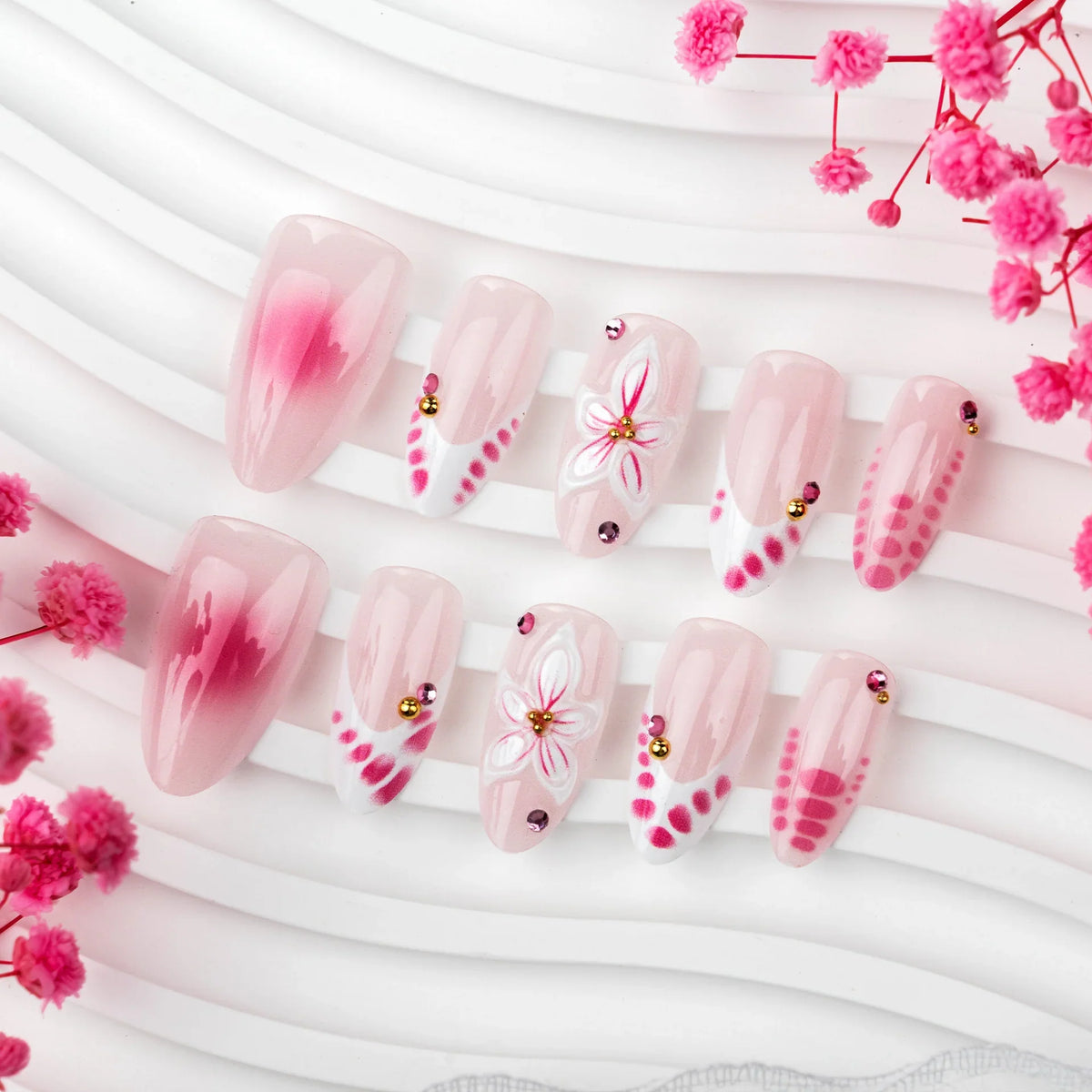 Press-On Nail Set Floral Rhinestone Chip-Resistant Lightweight & Breathable