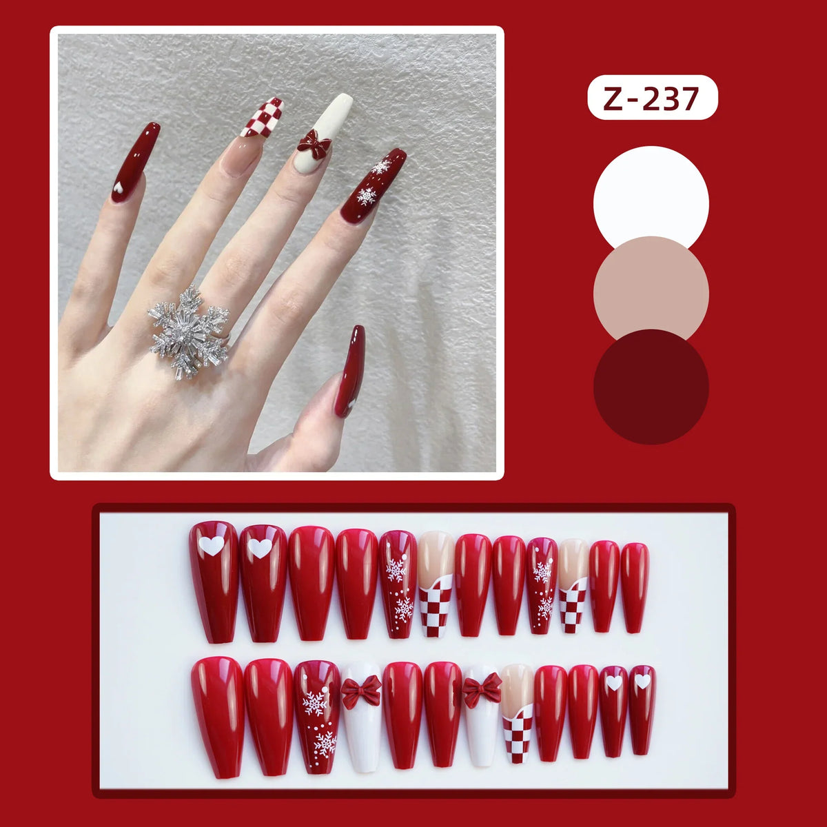 Press-On Nail Set Glue-On Holiday Red Snowflake & Bow