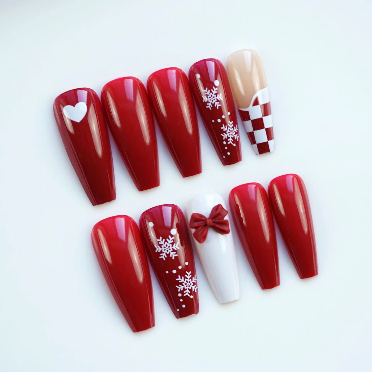 Press-On Nail Set Glue-On Holiday Red Snowflake & Bow