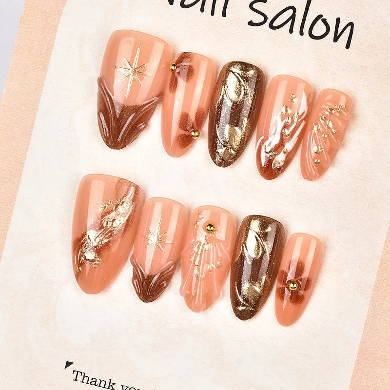 Press-On Nail Set Gold Accents & Reusable