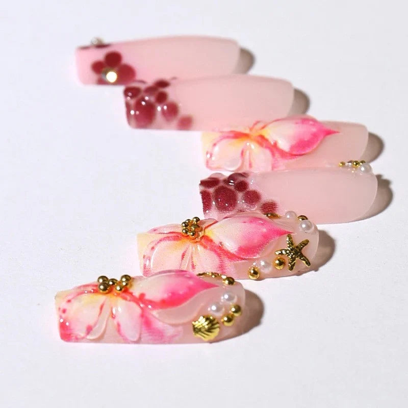Press-On Nail Set Hand-Painted Floral Long-Lasting Hold